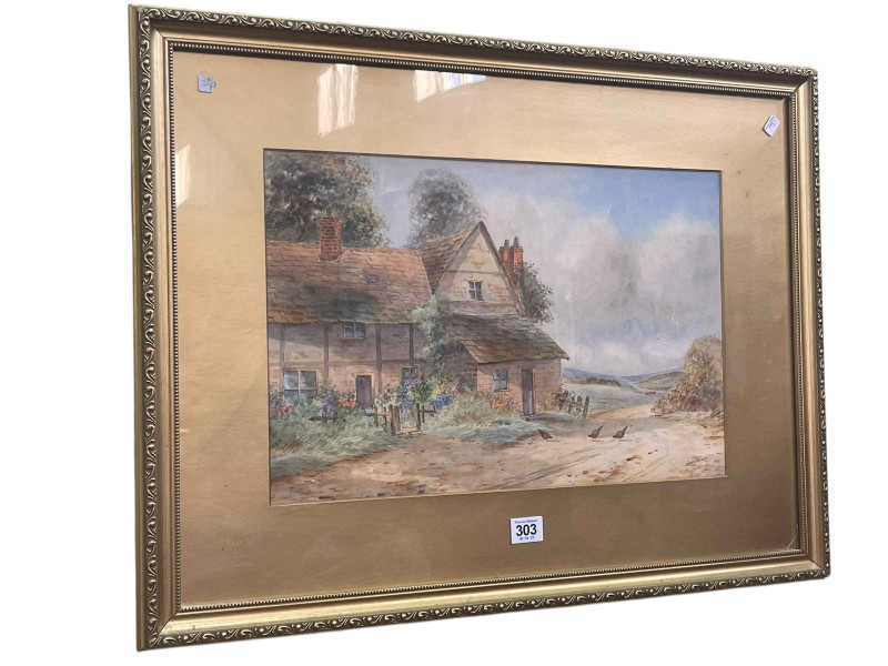 Ernest Potter, Country Cottage, watercolour, signed lower right, 29cm by 44.5cm, in gilt frame.