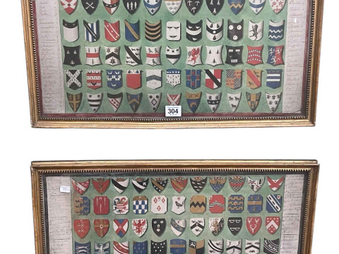 Pair hand painted pictures of heraldic crests and related text, 33.5cm...