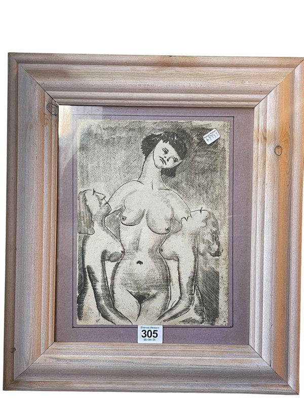 Dominic Fels, Surrealist Nude, pen and ink, 25.5cm by 19cm, framed.
