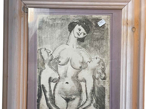 Dominic Fels, Surrealist Nude, pen and ink, 25.5cm by 19cm, framed.
