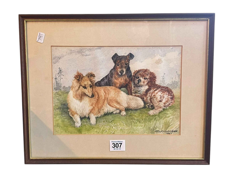 DM & EM Alderson, Three Attentive Dogs, watercolour, signed and dated 1967, lower right, 17.5cm by 25cm, framed *ARR (Artists Resale Royalty Charge) may apply to this lot*.