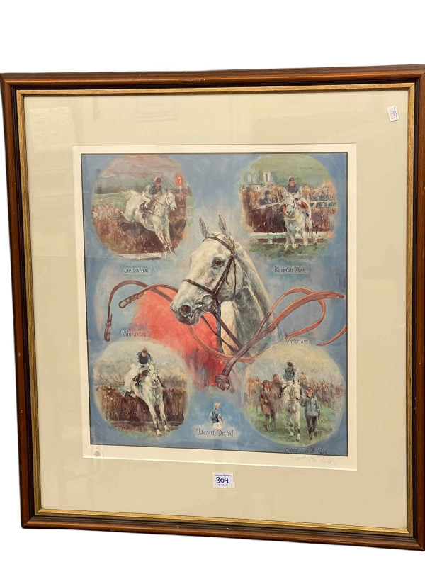 Peter Deighan, Lester Piggott's Derby Winners and 1000 and 2000 Guineas Winners, pair signed limited edition prints and Claire Eva Burton, Desert Orchid, signed print (3).