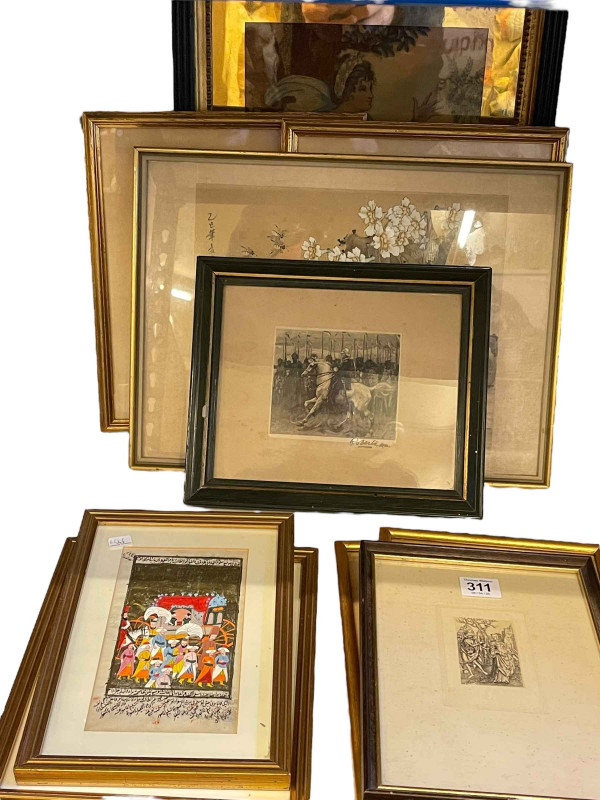 Collection of ten various pictures including early 19th Century silkwork, Oriental paintings, Dickens prints, etc.