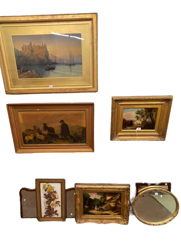 Four various pictures including two gilt framed oils, signed coastal watercolour, painting on glass and three various mirrors (8).