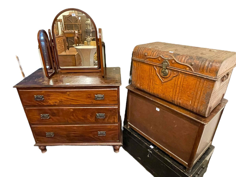 Victorian chest of three long drawers, oak barley twist double bedstead, pine trunk, blanket box, tin trunk and triple dressing mirror (6).