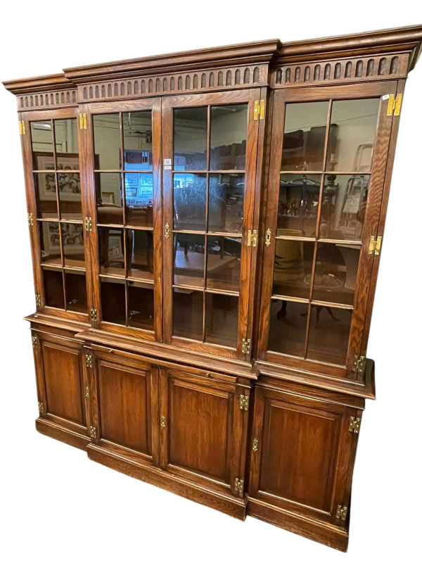 Bevan & Funnel oak eight door breakfront library bookcase, 198cm by 183.5cm by 39.5cm.