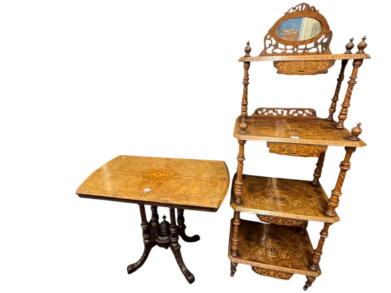 Victorian inlaid walnut four tier whatnot and Victorian inlaid walnut side table.