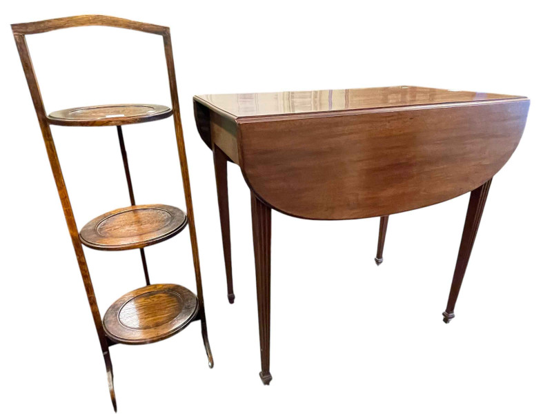 19th Century mahogany Pembroke table, Victorian side table, oak three tier folding cakestand and three wall mirrors (6).