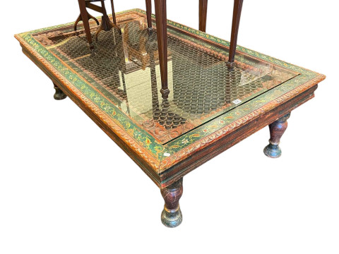Large painted Indian rectangular low centre table with inset glass top,...