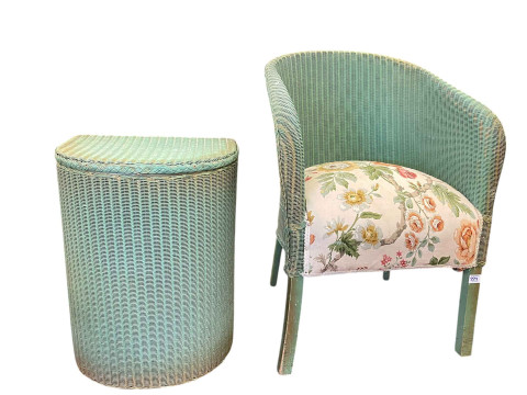 Large trunk, Lloyd Loom bedroom chair and linen bin, and Edwardian piano stool (4). thumbnail