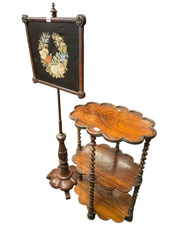 Victorian rosewood three tier shaped whatnot with twist supports and Victorian mahogany pole screen with floral needlework panel.