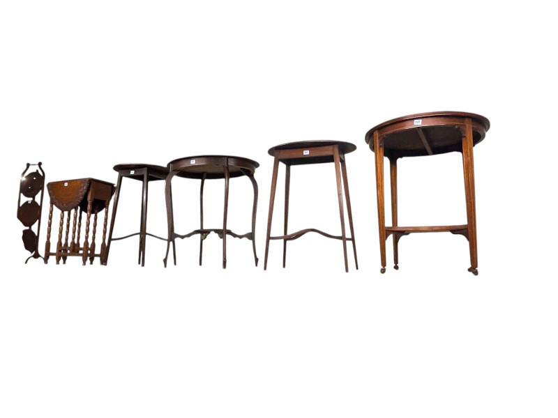 Four Edwardian mahogany occasional tables, small oak drop leaf table with carved border and mahogany three tier folding cakestand (6).