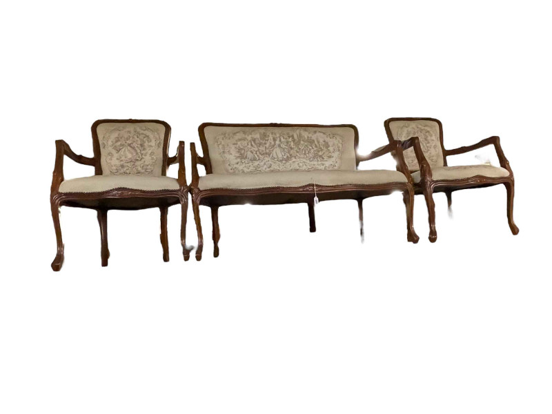 French style three piece salon suite in tapestry fabric.