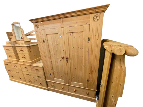 Six piece pine bedroom suite comprising two door wardrobe with two base...