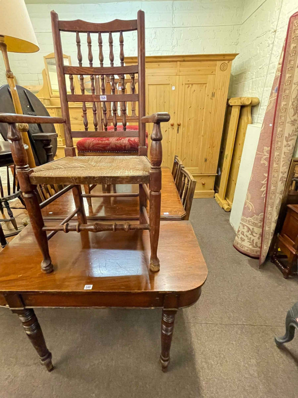 Victorian extending dining table with two leaves and winder, set of six oak dining chairs, Victorian mahogany side table, rush seated elbow chair and carpet (10).