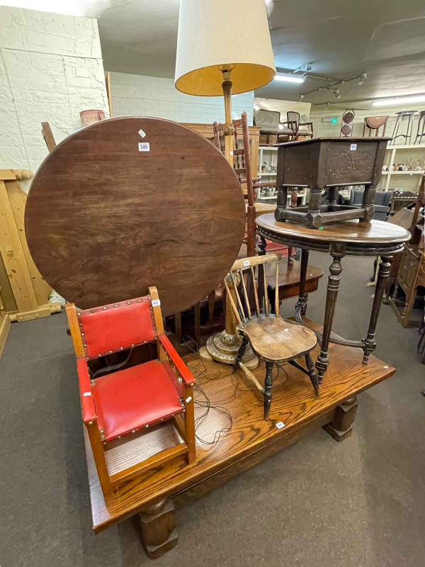 Victorian mahogany tripod supper table, two child's chairs, standard lamp, box stool, oval occasional table and rectangular low centre table (7).
