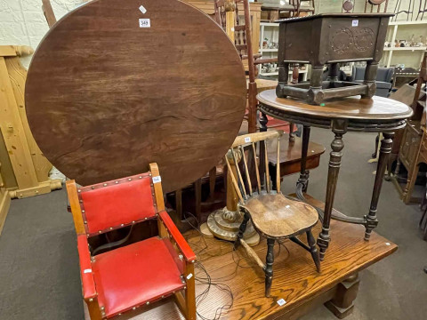 Victorian mahogany tripod supper table, two child's chairs, standard lamp,...