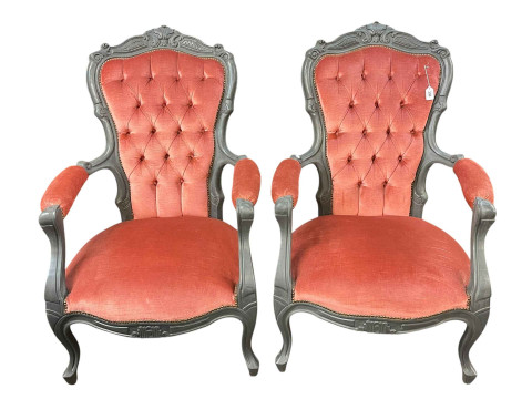 Pair painted open armchairs in rose pink buttoned draylon.