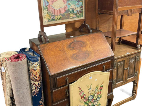 Walnut three drawer bureau, oak sewing trolley, Old Charm two door pedestal...