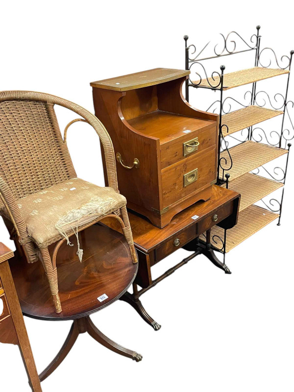 Yew four drawer work table, tripod wine table, pair stools, child's bedroom chair, circular pedestal occasional table, Bevan & Funnel two drawer pedestal, Bevan & Funnel two drawer sofa coffee table and wrought metal and wickerwork folding shelf rack (9).