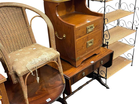 Yew four drawer work table, tripod wine table, pair stools, child's bedroom...