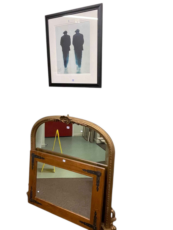 Painted gilt framed arched top overmantel mirror, Laura Ashley Portobello wall mirror, framed print and twelve branch chandelier (4).