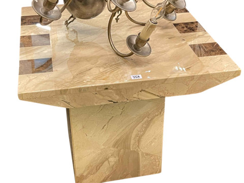 Contemporary marble coffee table on pedestal base, 55cm by 65cm by 65cm.