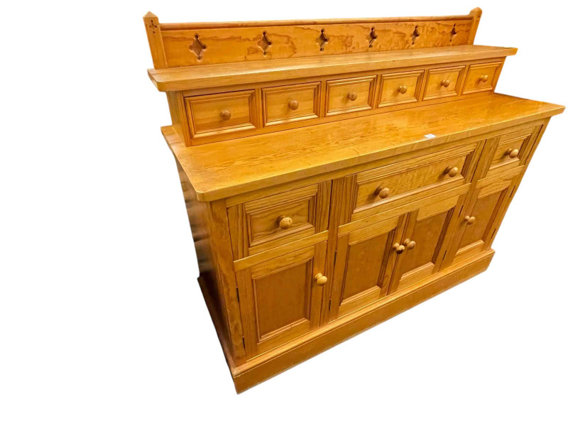 Pine kitchen side cabinet having six spice drawers above a base of three drawers and four cupboard doors together with a Victorian mahogany toilet mirror.