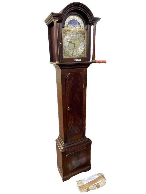 Contemporary mahogany triple weight longcase clock with arched moon phase dial, 184cm.