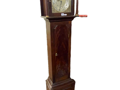 Contemporary mahogany triple weight longcase clock with arched moon phase...