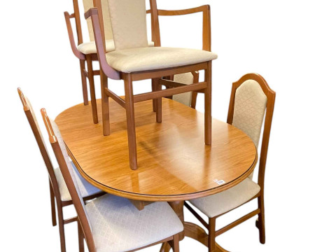 Oval twin pedestal extending dining table with integral leaf, set of six...