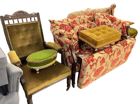 Edwardian parlour settee, ball and claw leg window stool, two Victorian...