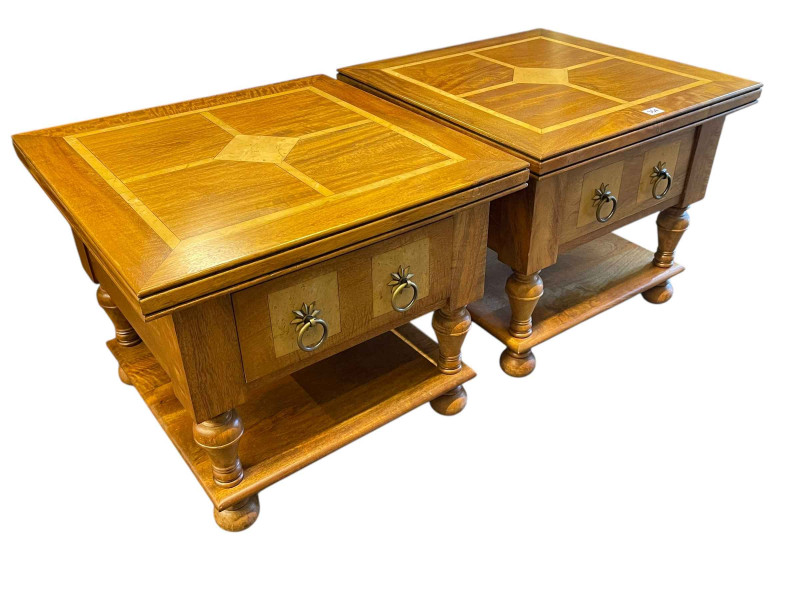 Pair Barker & Stonehouse single drawer two tier lamp tables, 48cm by 55.5cm by 55.5cm.