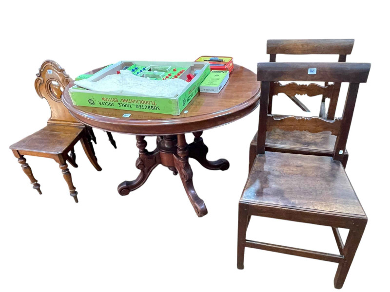 Victorian oval mahogany breakfast table, pair bar back chairs, Victorian hall chair and sewing chair (5).