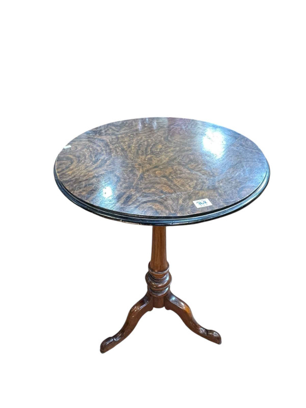 Victorian mahogany fold top tea table on pedestal quadriform base and Victorian circular tripod occasional table.