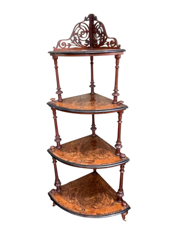 Victorian burr walnut, satinwood and ebonised graduated four tier corner whatnot, 144cm.