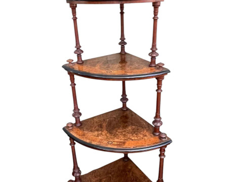 Victorian burr walnut, satinwood and ebonised graduated four tier corner...