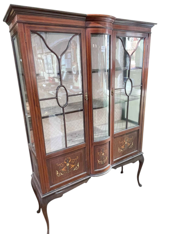 Edwardian mahogany, chequer inlaid and painted two door vitrine on cabriole legs, 177cm by 122cm by 40cm.