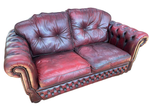Pair ox blood buttoned leather two seater settees, 94cm by 177cm by 95cm. thumbnail