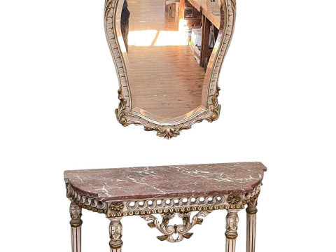 Continental marble topped bow end console table and bevelled wall mirror,...