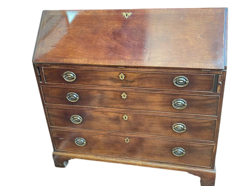 Georgian mahogany four drawer bureau on bracket feet, 105cm by 107cm by 49cm.