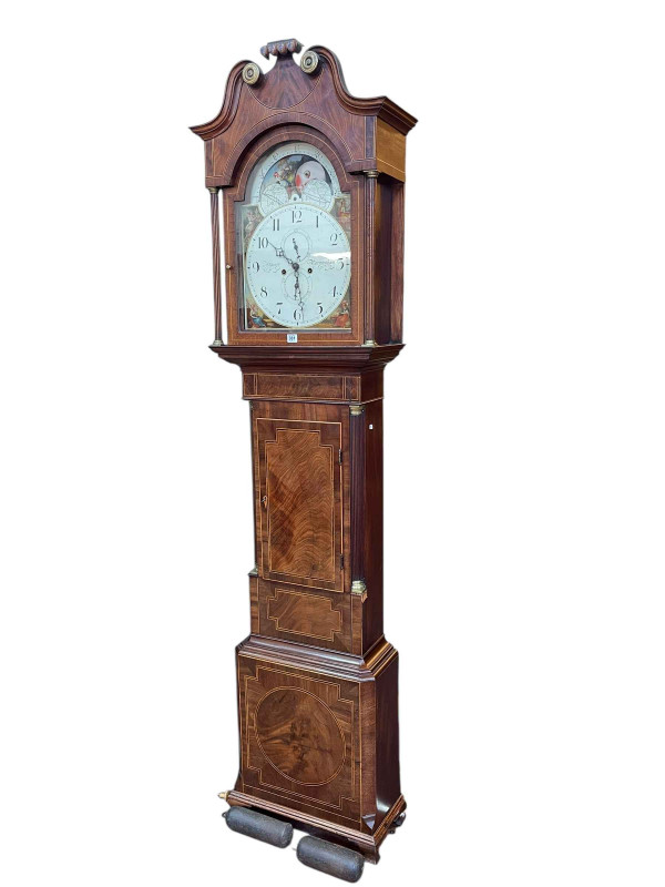 Antique mahogany and line inlaid eight day longcase clock having arched painted moon phase dial, signed Allport, Birmingham, 231cm.