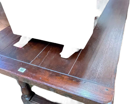 Oak refectory dining table with carved frieze, 78cm by 82cm by 214cm, together with a set of eight studded leather arched high back dining chairs. thumbnail