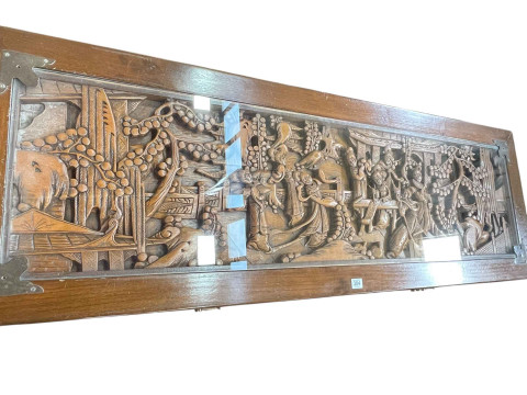 Large carved camphorwood trunk with inset glazed top, 61cm by 152cm by 50cm. thumbnail