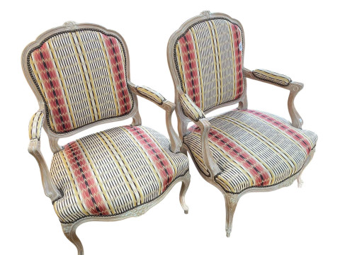 Pair Bonora French style fauteuils in striped fabric, 100cm by 67cm by...
