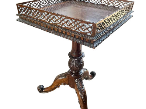 Chippendale style mahogany fretwork gallery topped wine table with slide...