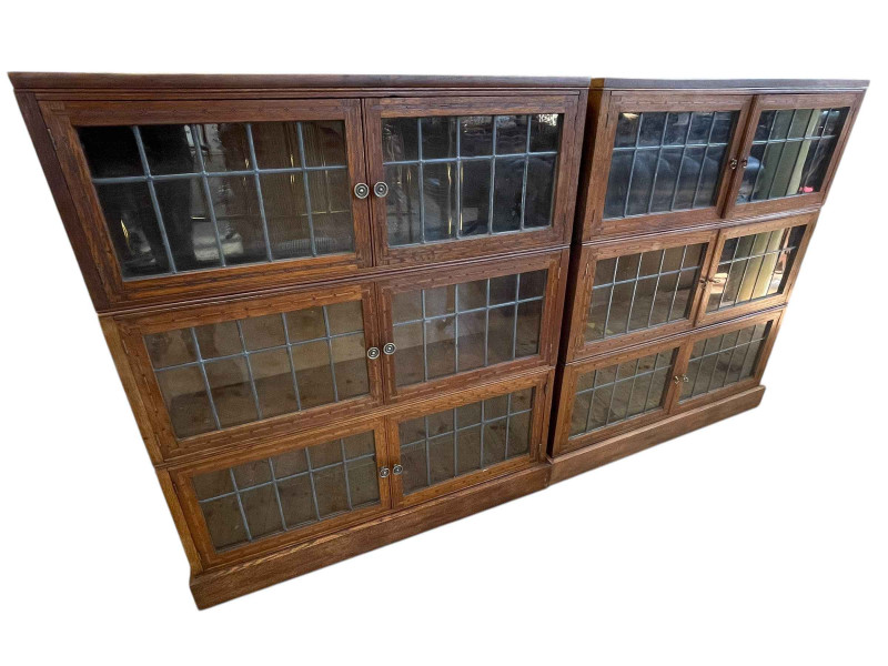 Pair inlaid oak and leaded glass six door bookcases, 102cm by 88cm by 24cm.