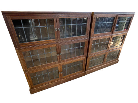 Pair inlaid oak and leaded glass six door bookcases, 102cm by 88cm by...