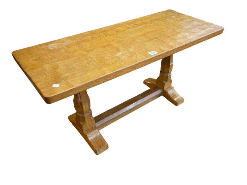 Robert Thompson of Kilburn 'Mouseman' rectangular adzed oak coffee table, 44.5cm by 91.5cm by 37.5cm.