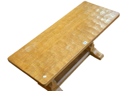 Robert Thompson of Kilburn 'Mouseman' rectangular adzed oak coffee table, 44.5cm by 91.5cm by 37.5cm. thumbnail
